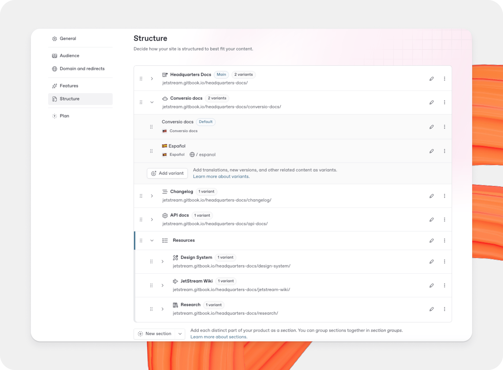 A GitBook screenshot showing a docs site's structure