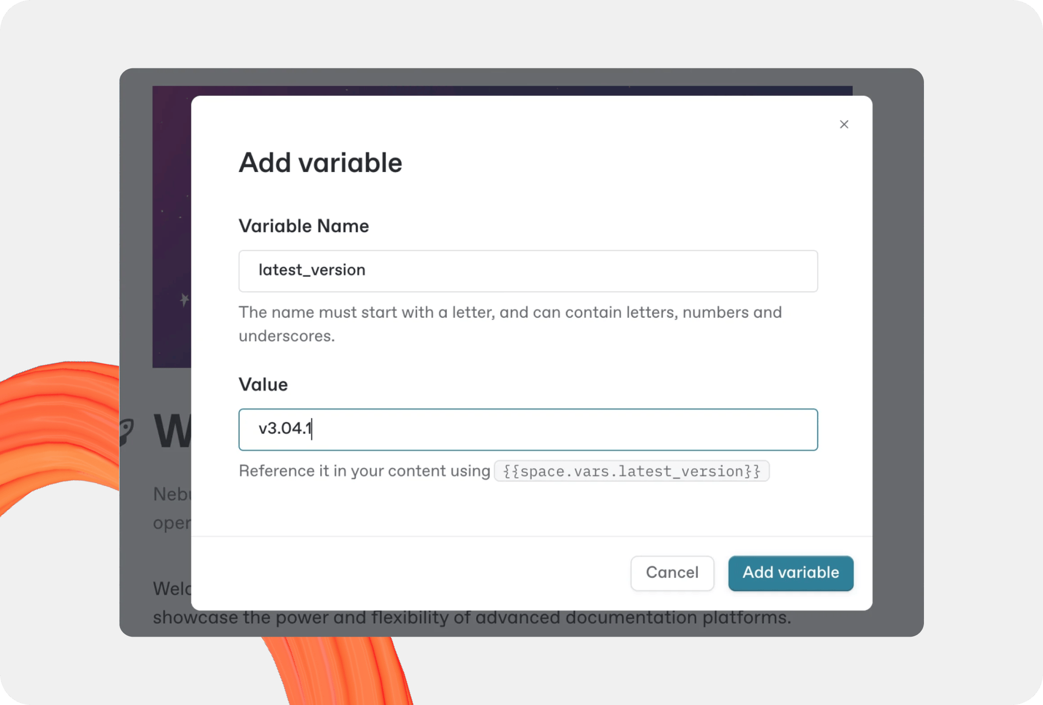 A GitBook screenshot showing the Add variables screen. The variable Name box has been filled with the text ‘latest_version’ and the Value box has been filled with the text ‘v3.04.1’