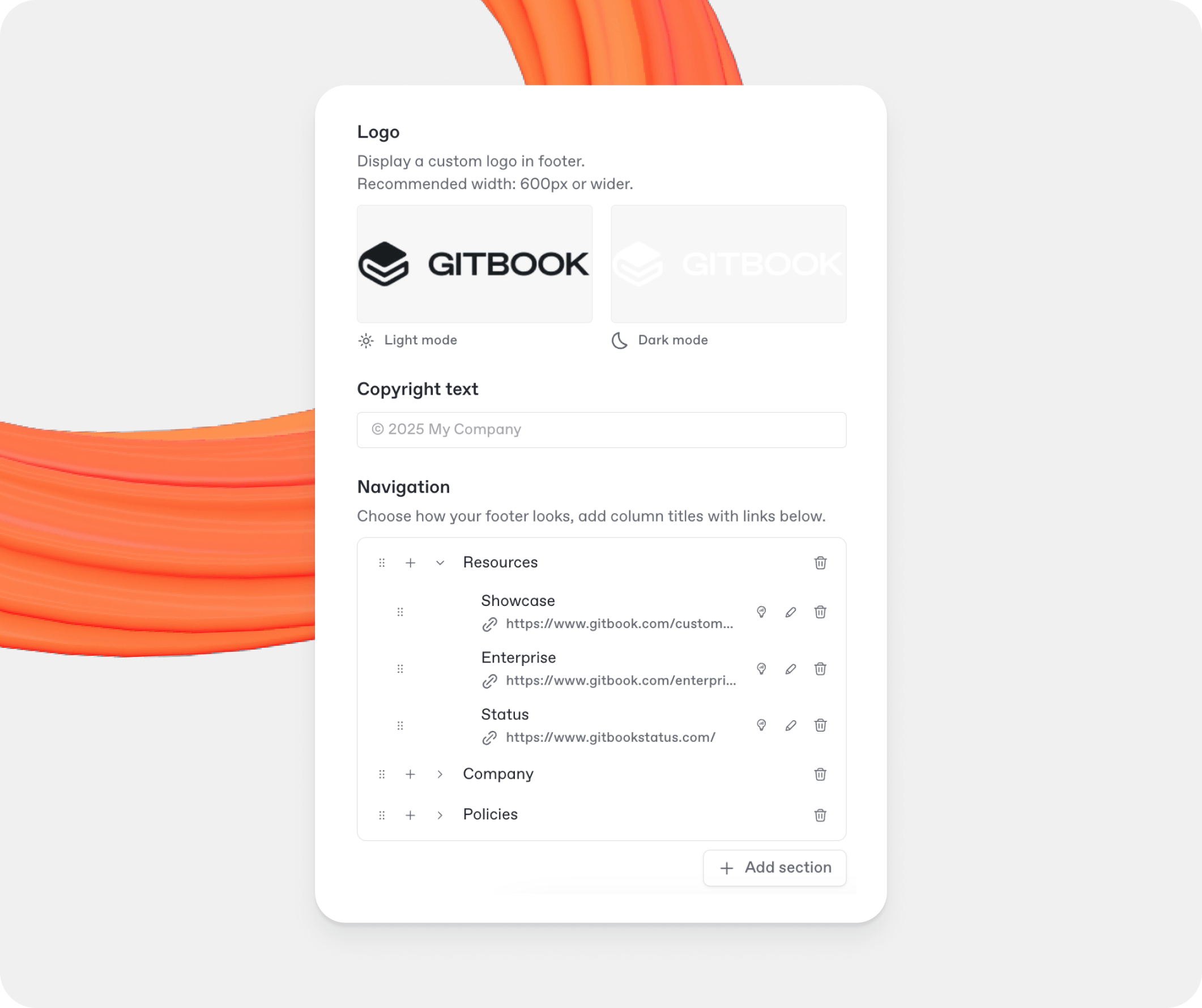 A GitBook screenshot showing footer customization settings