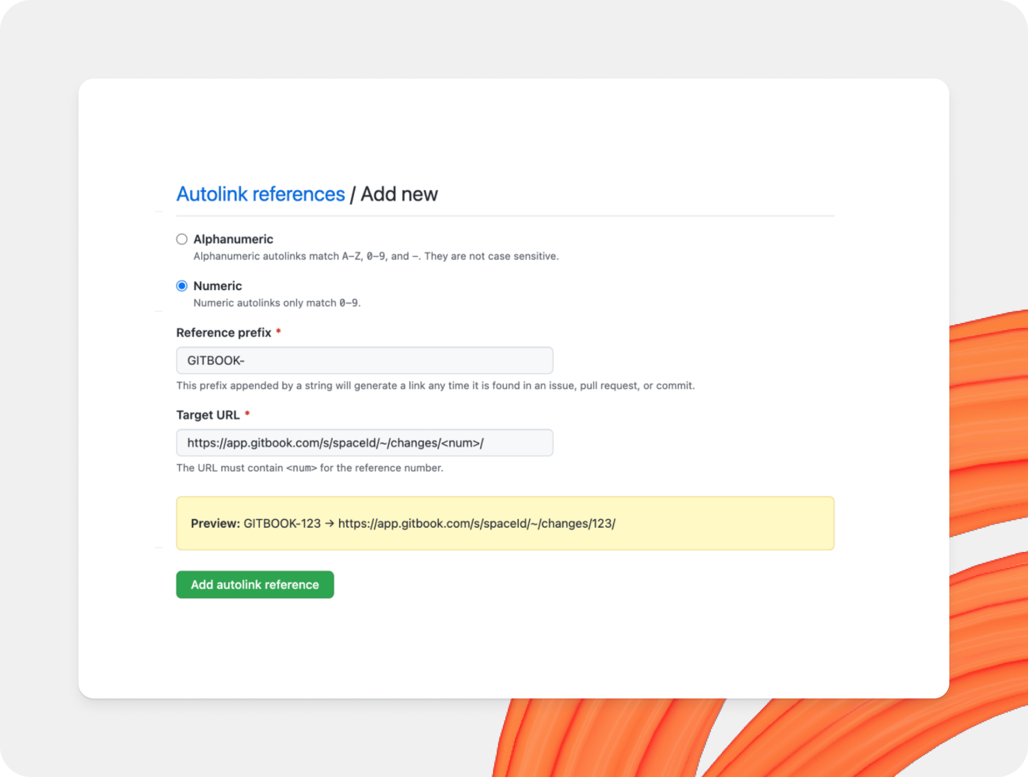 A GitBook screenshot showing autolink setup