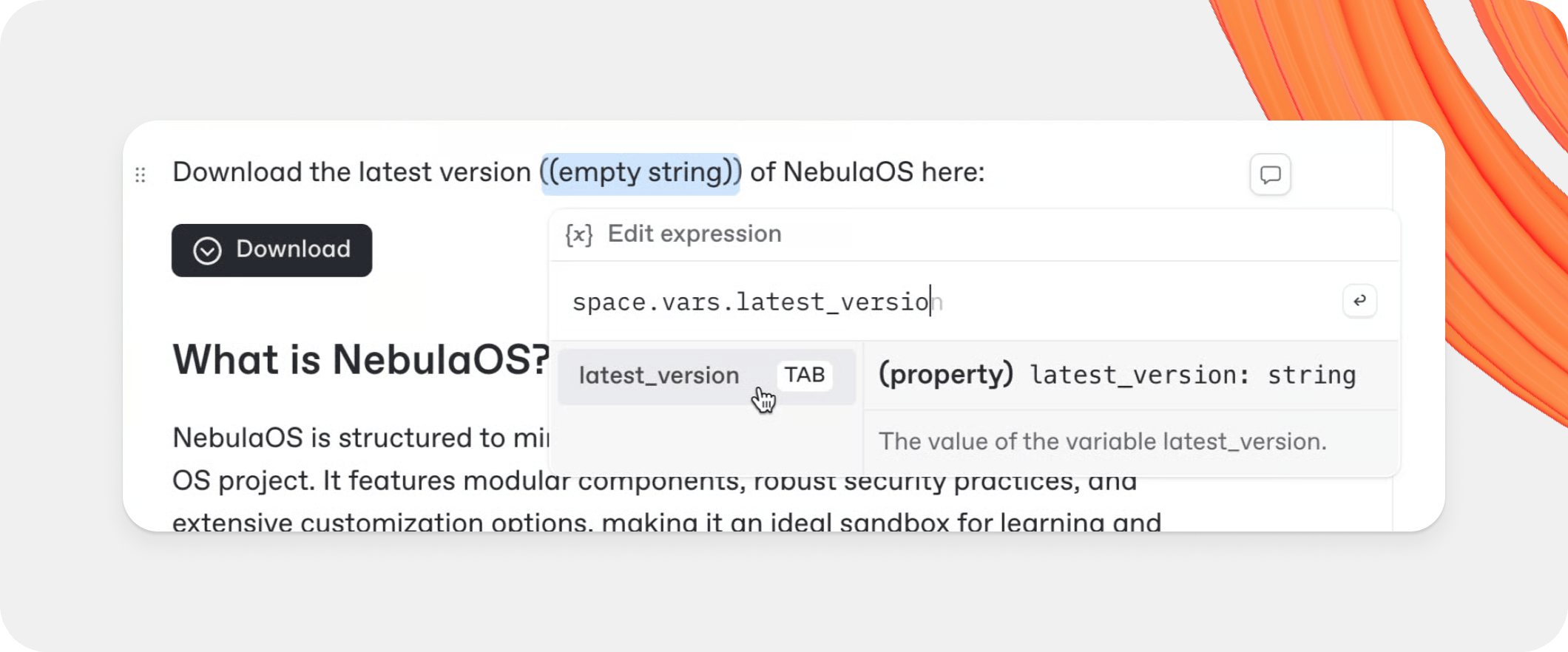 A GitBook screenshot showing an expression block within the editor. The expression editor is open below it and the ‘space.vars.latest_version’ variable has been selected