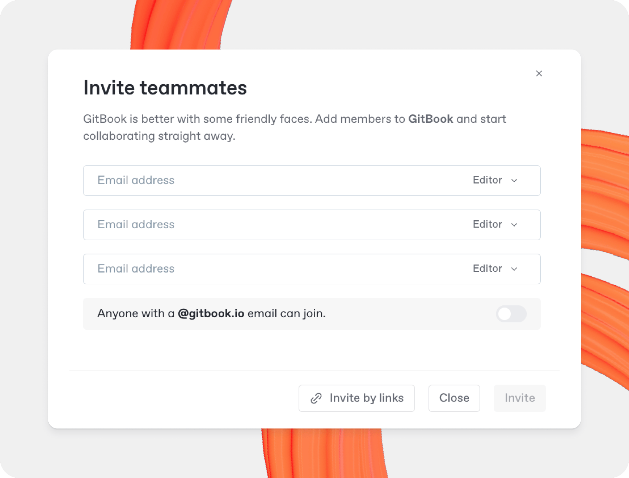 A GitBook screenshot showing the invite team dialog